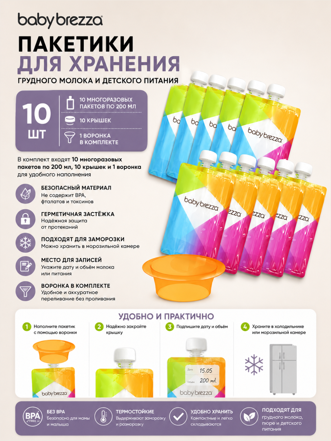 Многоразовые пакетики для детского питания, 10 штук - 