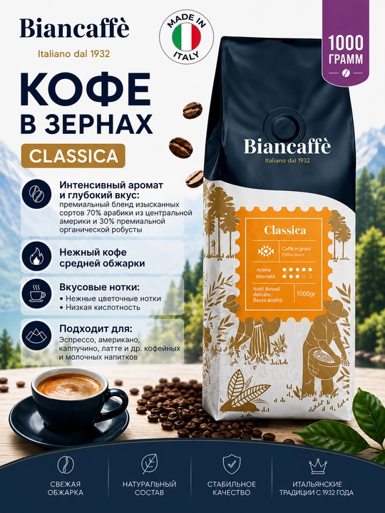 Biancaffe Classica, кофе зерновой 1 кг, купаж 70% арабики и 30% премиум робуста