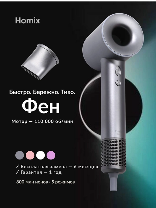 Фен для волос Homix высокоскоростной, 110000 об/мин, 1600W, ионизация, детский режим