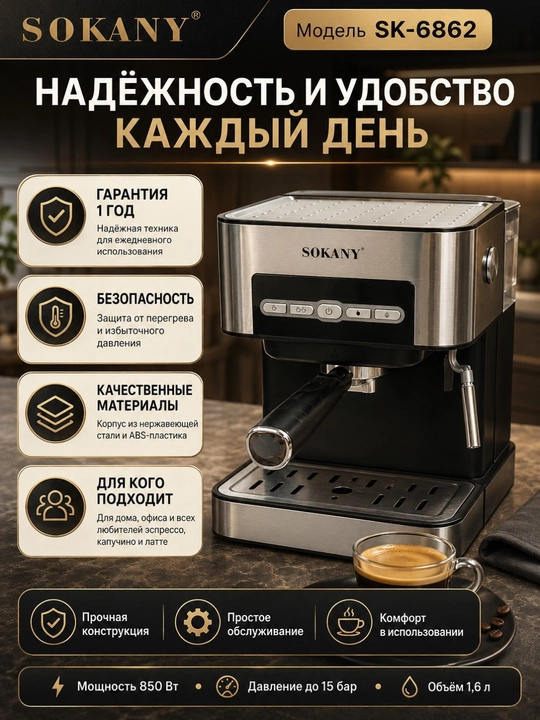 Kapsula va rojok kofe mashinasi SK-6862, kapuchinator, 15-25bar, 30-60son, 10 funksiya