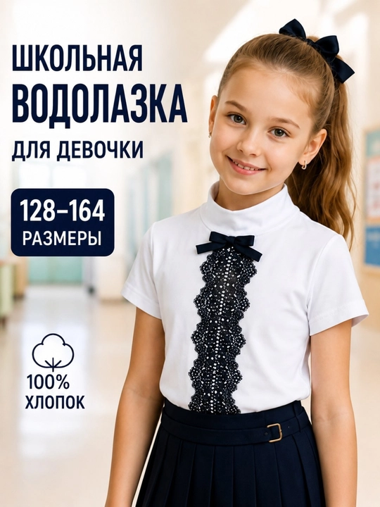 Школьная водолазка для девочки, белая, с коротким рукавом, 100% хлопок, размеры 128–164