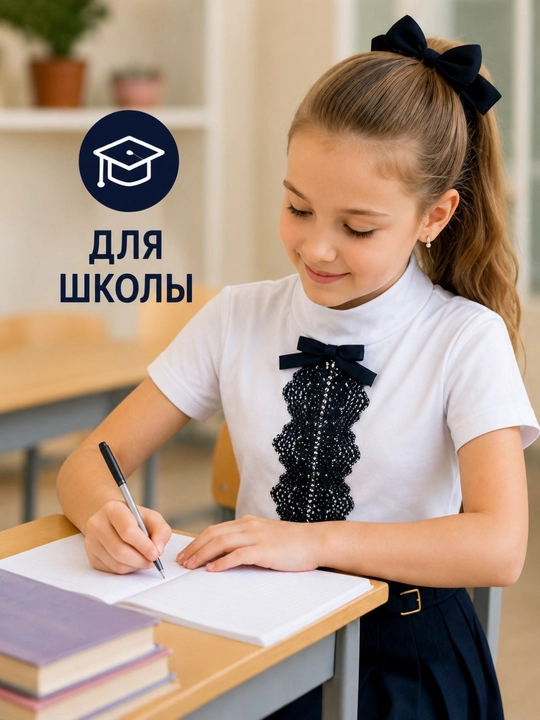 Qiz bolalar uchun oq rangli, kalta yengli, 100% paxtadan tikilgan, 128–164 o‘lchamdagi maktab skafandiri - 