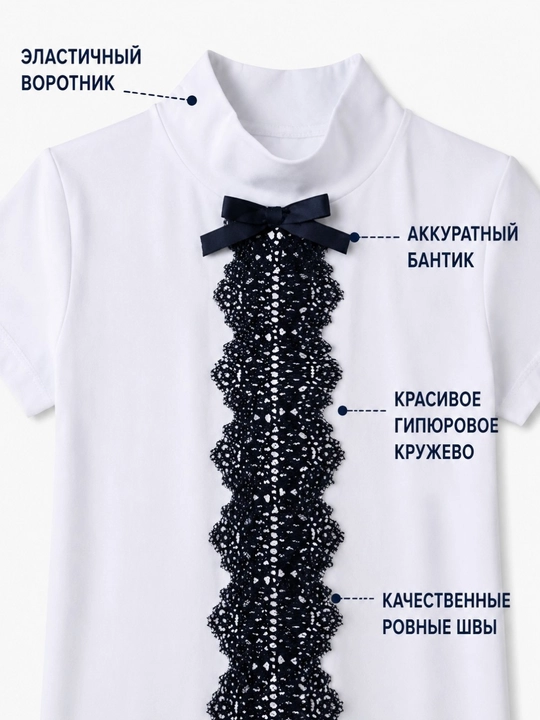 Школьная водолазка для девочки, белая, с коротким рукавом, 100% хлопок, размеры 128–164