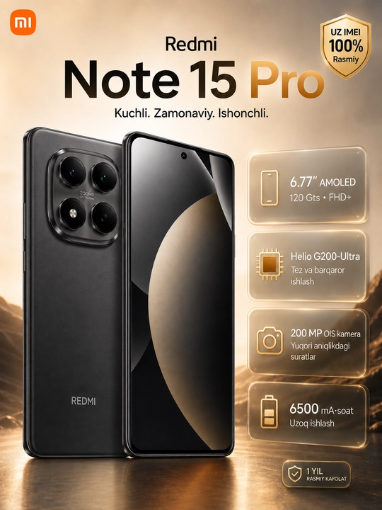 Смартфон Xiaomi Redmi Note 15 Pro, 12+512 ГБ, 200 МП камера, 6.77″ FHD+ AMOLED, 6500 мАч - 