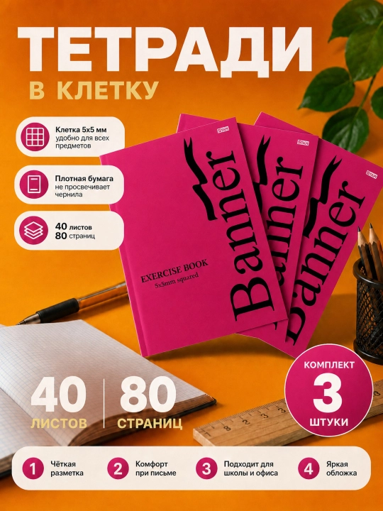 Daftar, Banner, katakli, A4, 3 dona, 40 varaq, 80 bet - 