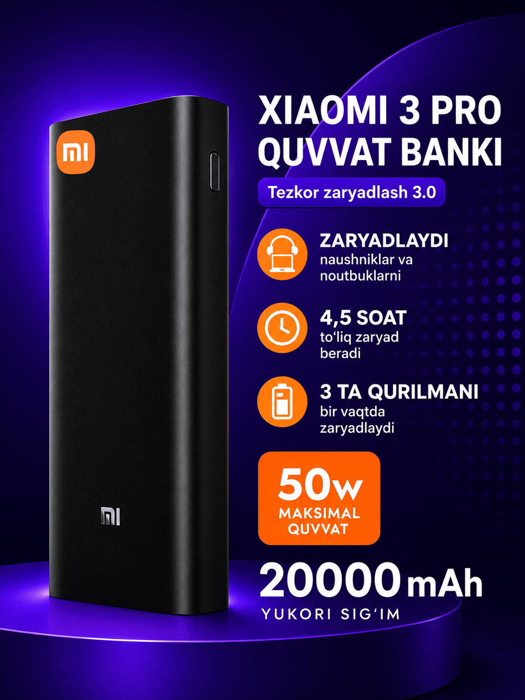 Внешний аккумулятор Power Bank 20000 мАч, 20–50 Вт Быстрая зарядка для iPhone и Android - 