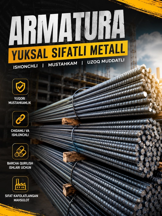 6-32 mm gacha bo‘lgan yuqori mustahkamlikdagi po‘lat qurilish armaturasi - 