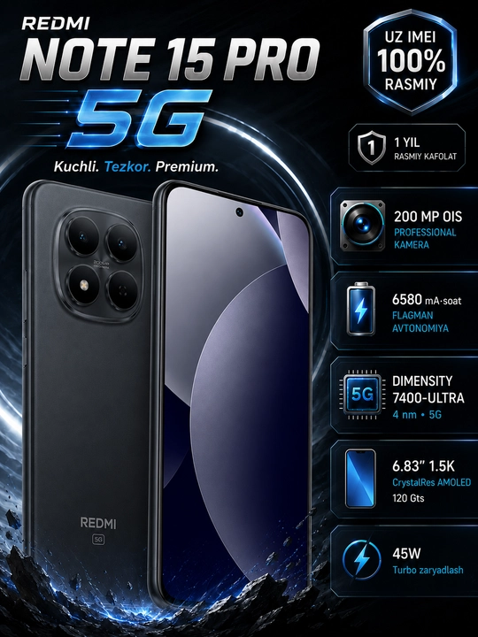 Смартфон Xiaomi Redmi Note 15 Pro 5G, 200 МП, 6.83″ 1.5K AMOLED, 6580 мАч - 