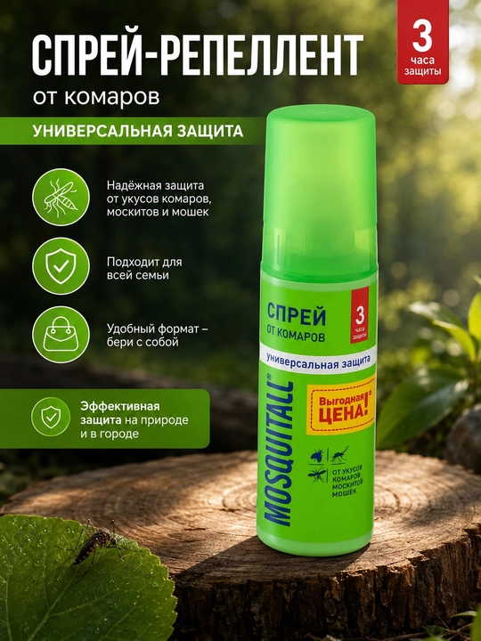 Chivinlarga qarshi MOSQUITALL "Universal himoya" spreyi, 100 ml, KOMAROFF - 