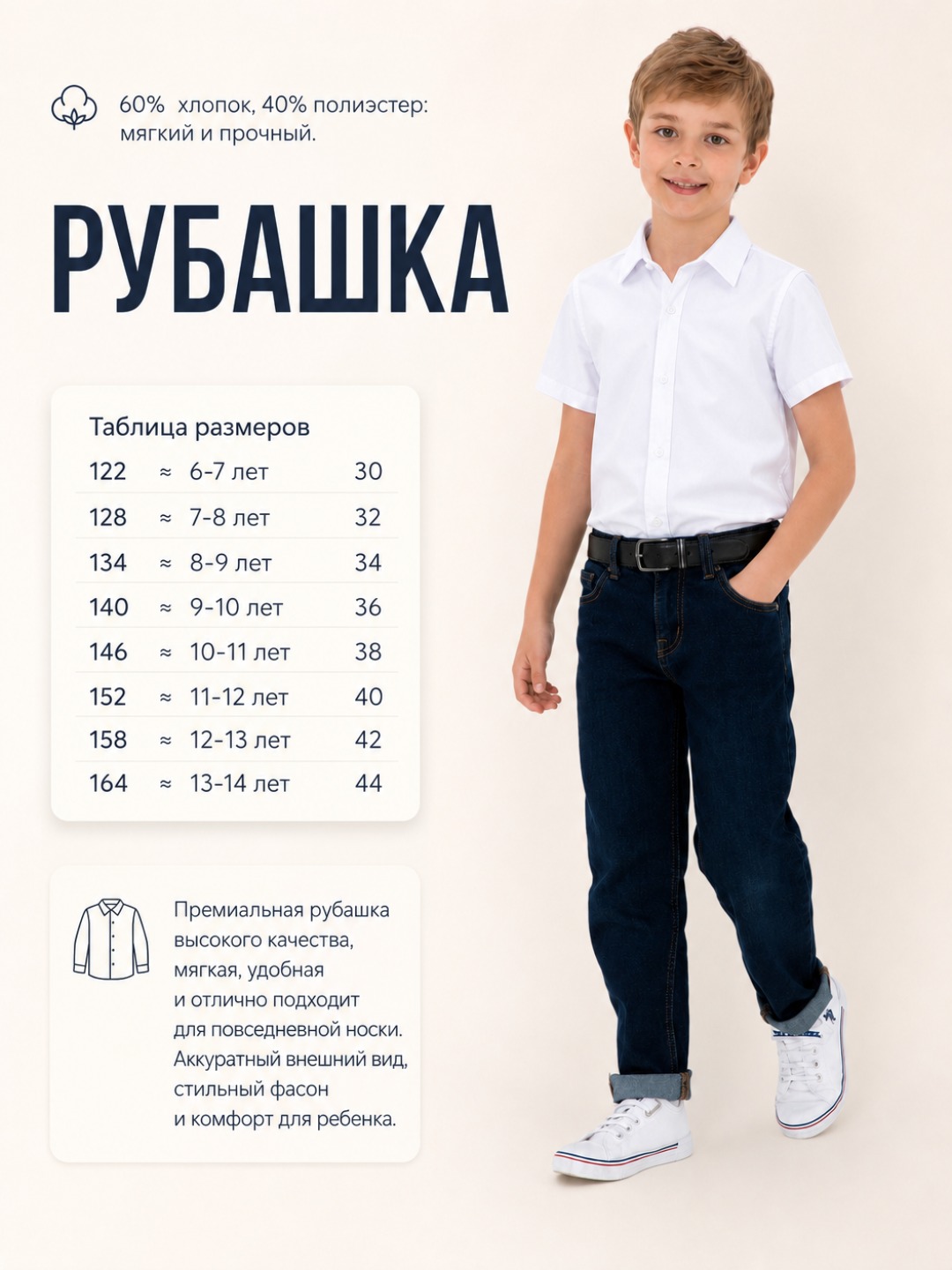 Рубашка для мальчика Slim Fit с длинным рукавом, школьная форма, 7-14 лет - 