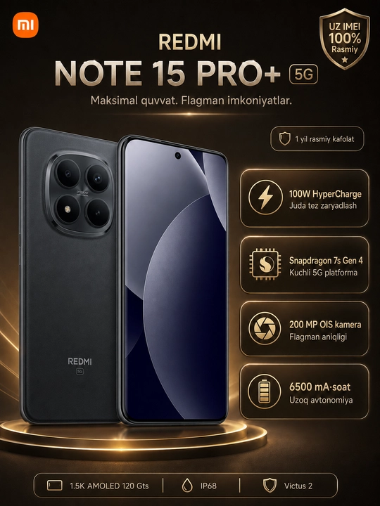 Смартфон Xiaomi Redmi Note 15 Pro Plus 5G, 12+512 ГБ, 200 МП, 6.83″ 1.5K AMOLED, 6500 мАч - 