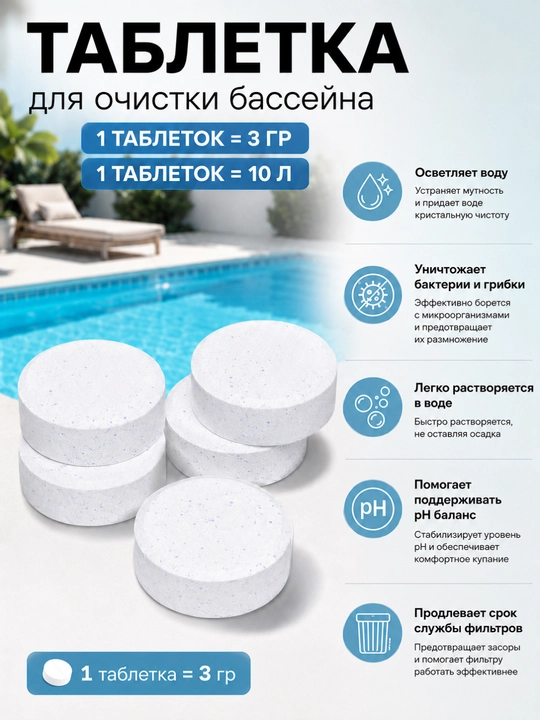 Дезинфицирующие таблетки для очистки бассейна, Хлор в таблетках, 3 гр