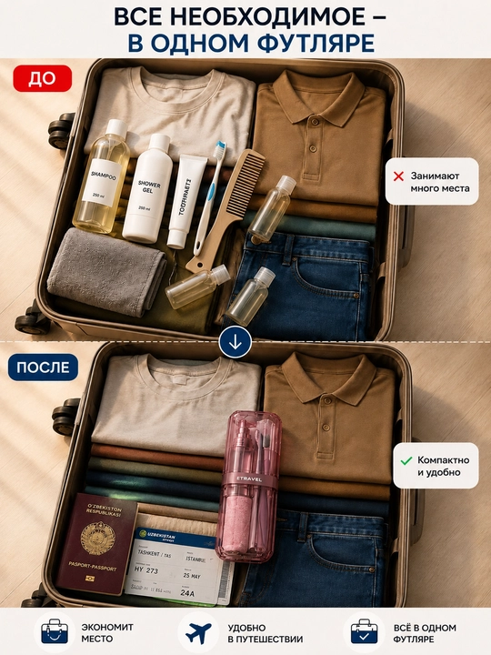 Sayohat uchun kosmetichka. Barcha aksessuar bir idishda jamlangan travel kosmetichka nabor
