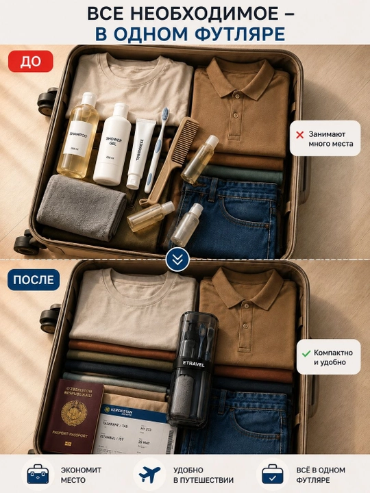 Sayohat uchun kosmetichka. Barcha aksessuar bir idishda jamlangan travel kosmetichka nabor