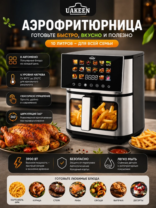 Air Fryer 10 l 3900 Vt quvvatli moysiz sensorli elektr qovurish moslamasi