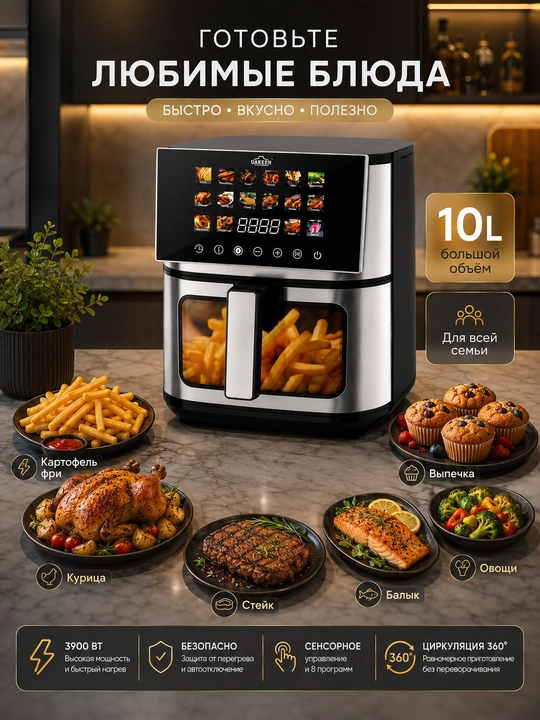 Air Fryer 10 l 3900 Vt quvvatli moysiz sensorli elektr qovurish moslamasi