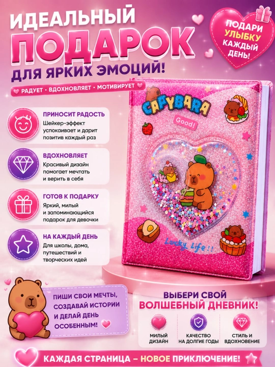 Shaker effektli Capybara kundaligi, 96 varaq, yaltiroq glitter muqovali bloknot