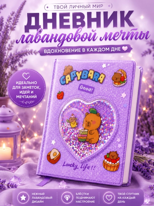 Блокнот-дневник Capybara с Shaker эффектом, 96 листов, с блестящей обложкой - 