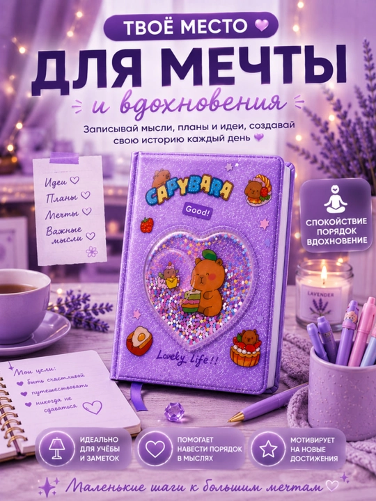 Shaker effektli Capybara kundaligi, 96 varaq, yaltiroq glitter muqovali bloknot