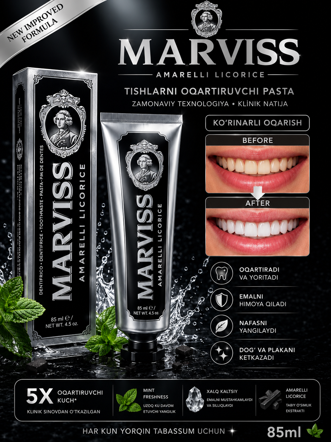 Marvis Зубная паста Whitening Mint с отбеливающей формулой, 85 мл - 