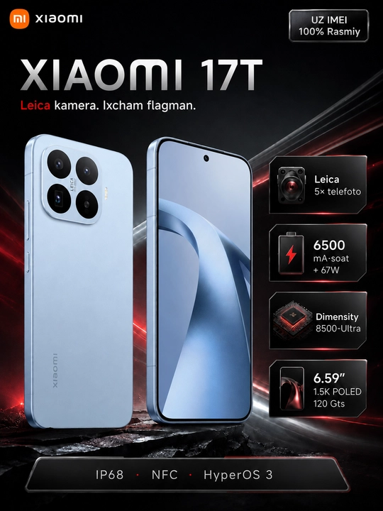 Smartfon Xiaomi 17T 12/256/512GB, AMOLED 1.5K ekran, 6.59" - 