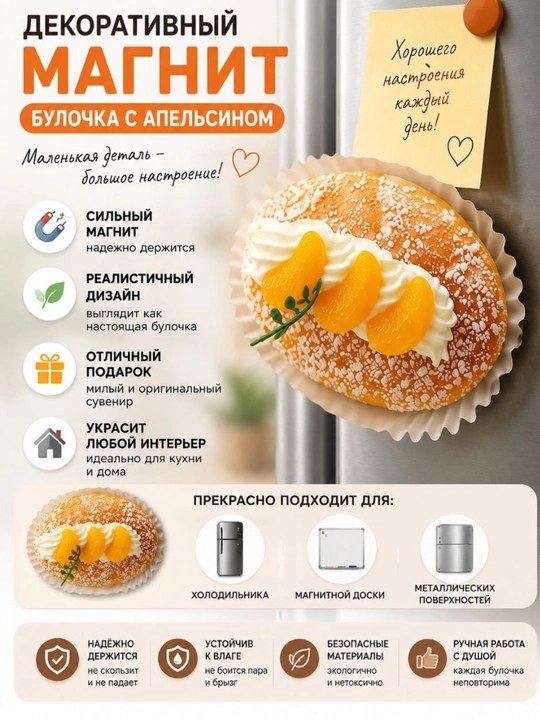 Декоративный магнит «Булочка с апельсином» для холодильника - 