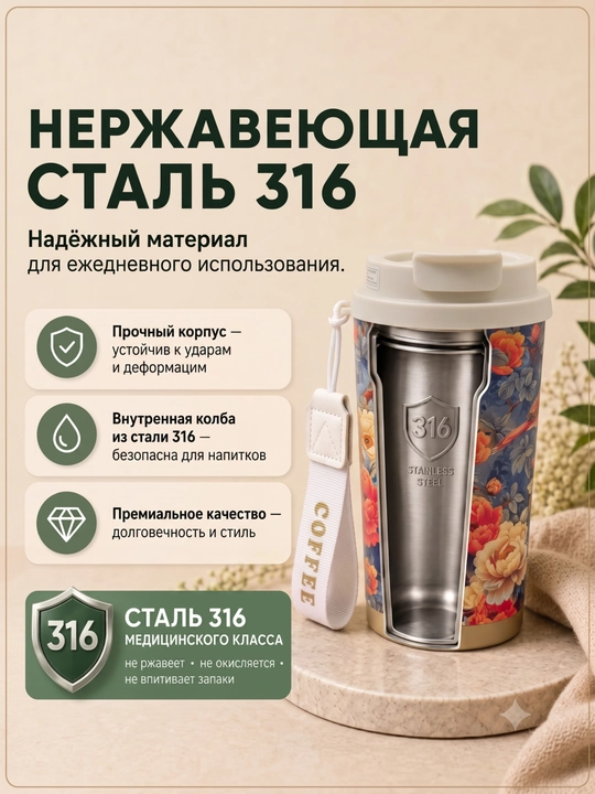 Kofe va choy uchun zanglamaydigan po‘latdan yasalgan 316 s termokranka (jo‘mrakli), 500 ml