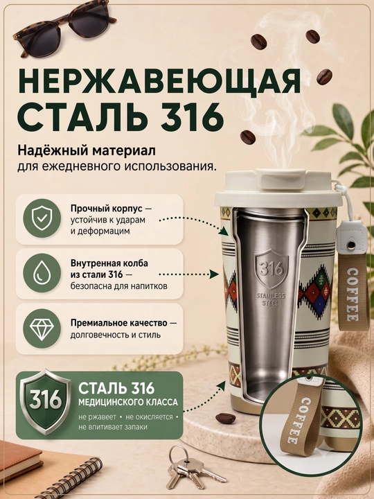 Kofe va choy uchun zanglamaydigan po‘latdan yasalgan 316 s termokranka (jo‘mrakli), 500 ml