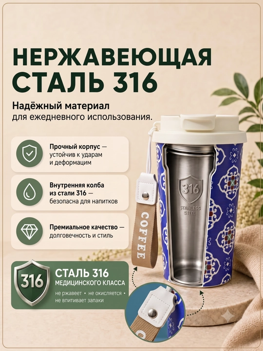 Термокружка для кофе и чая из нержавеющей стали 316, с краном, 500 мл