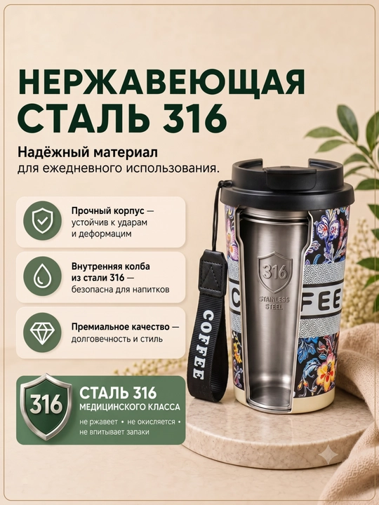 Kofe va choy uchun zanglamaydigan po‘latdan yasalgan 316 s termokranka (jo‘mrakli), 500 ml