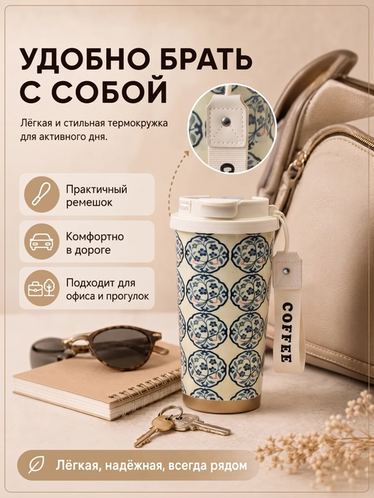 Термокружка для кофе и чая из нержавеющей стали 316, с краном, 500 мл