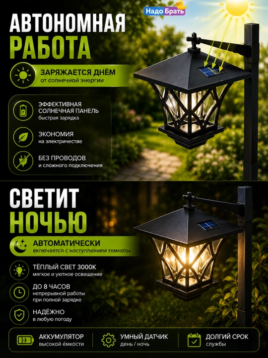 Quyosh batareyali bog‘ chirog‘i 2 in 1, LED ko‘cha fonari, IP44