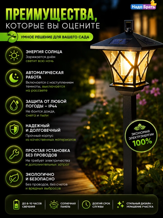 Quyosh batareyali bog‘ chirog‘i 2 in 1, LED ko‘cha fonari, IP44