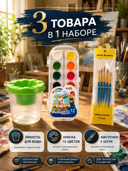 Акварельные краски 12 цветов + стакан-непроливайка для воды + набор из 5 кистей - 
