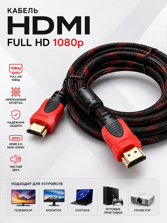 Кабел HDMI FullHD 1,5 м (1,3 м),3 м(2,7 м),5м (4,5 м), 10м (9 м), 15м (13,6 м), 20м (18 м)