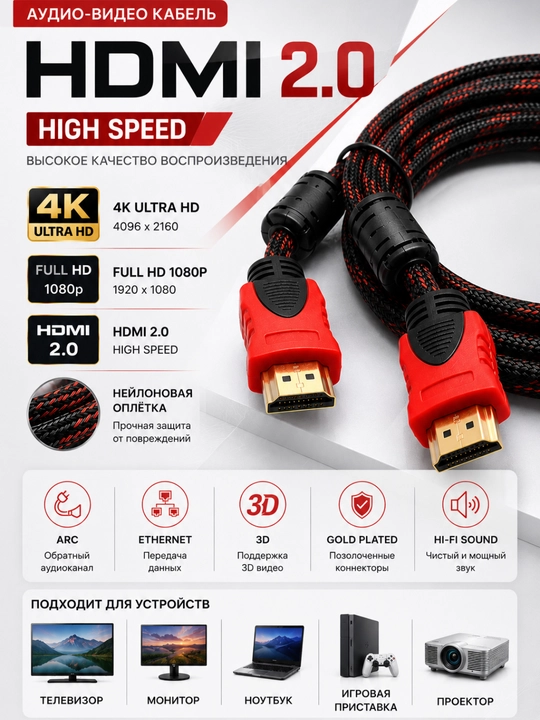 Кабел HDMI FullHD 1,5 м (1,3 м),3 м(2,7 м),5м (4,5 м), 10м (9 м), 15м (13,6 м), 20м (18 м) - 