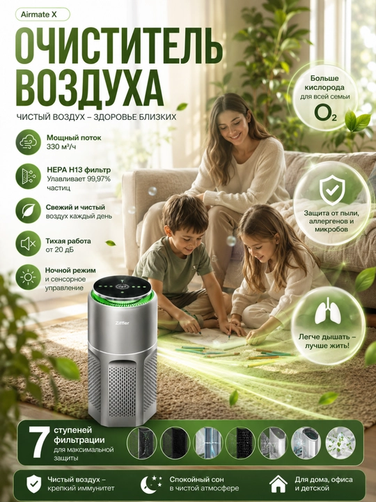 Очиститель воздуха UAKEEN, Ziffler AirMate X, Wi-Fi, H13 HEPA, UV, CADR 330 м³/ч