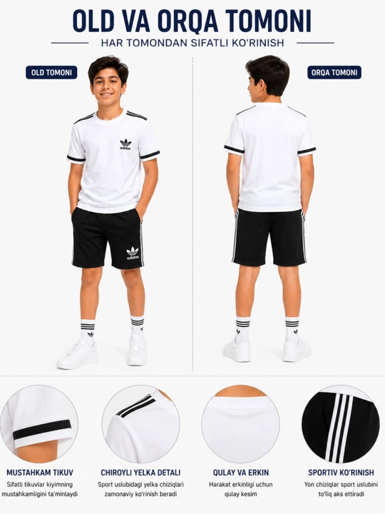 Bolalar uchun yozgi kiyimlar to'plami Adidas, futbolka va shorti, o'g'il bolalar uchun