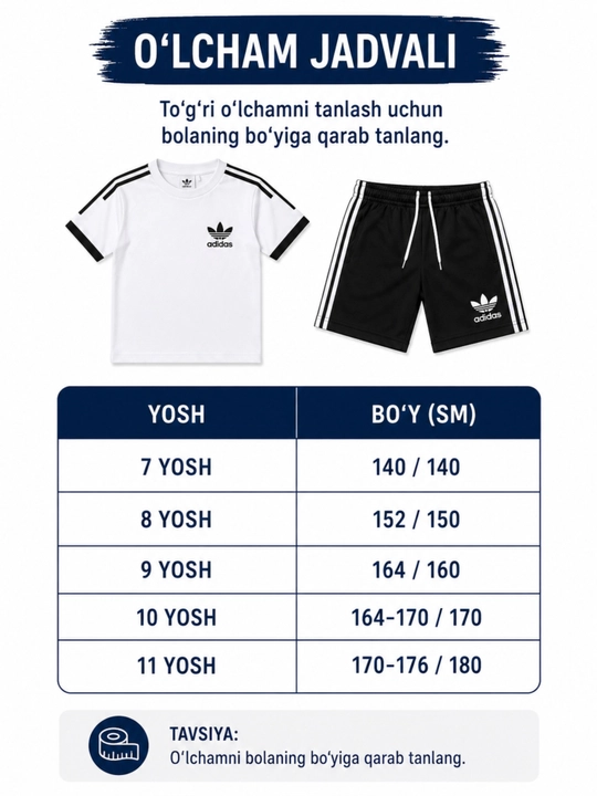 Bolalar uchun yozgi kiyimlar to'plami Adidas, futbolka va shorti, o'g'il bolalar uchun