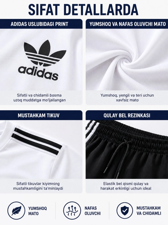 Bolalar uchun yozgi kiyimlar to'plami Adidas, futbolka va shorti, o'g'il bolalar uchun