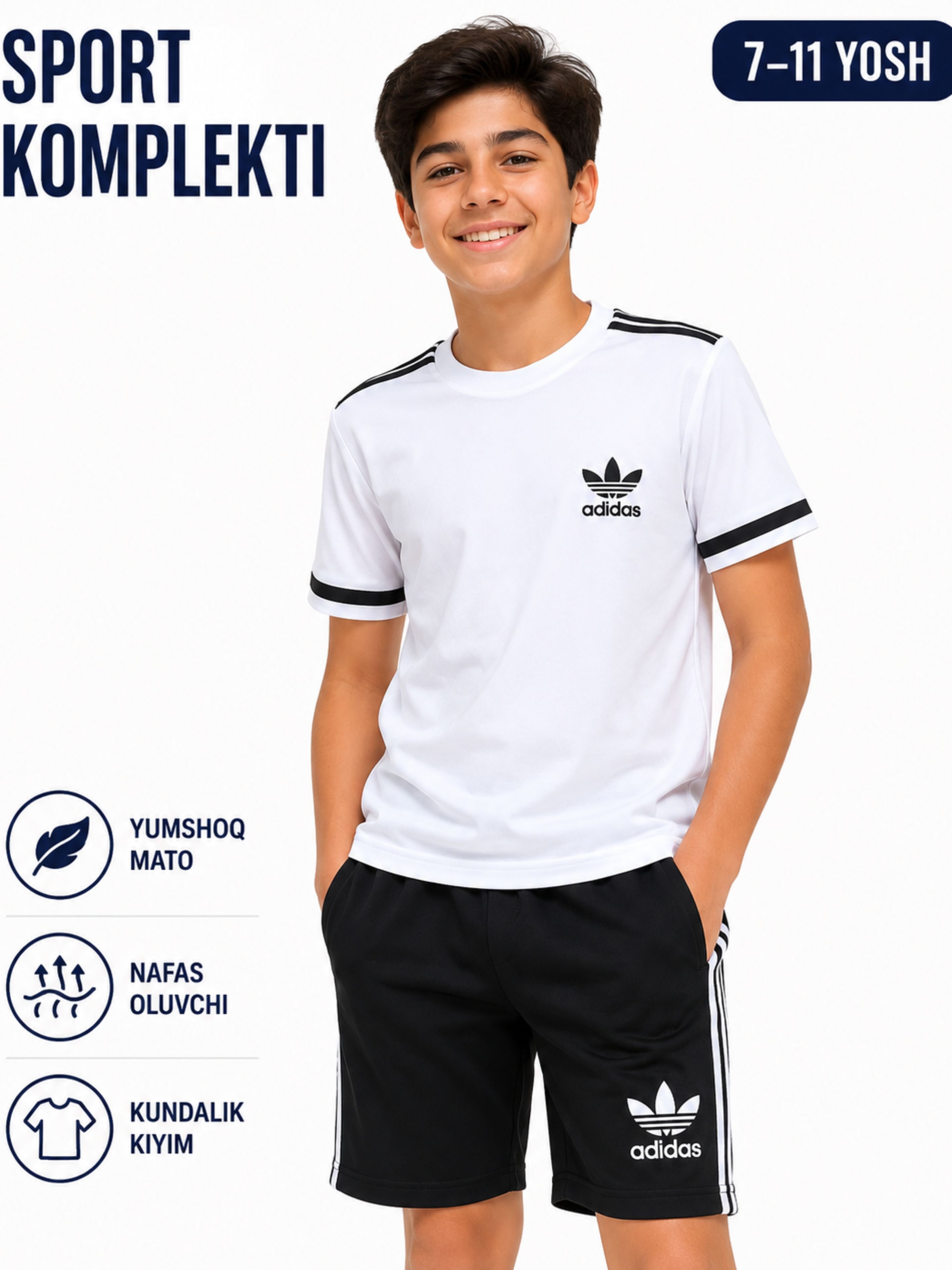 Bolalar uchun yozgi kiyimlar to'plami Adidas, futbolka va shorti, o'g'il bolalar uchun - 