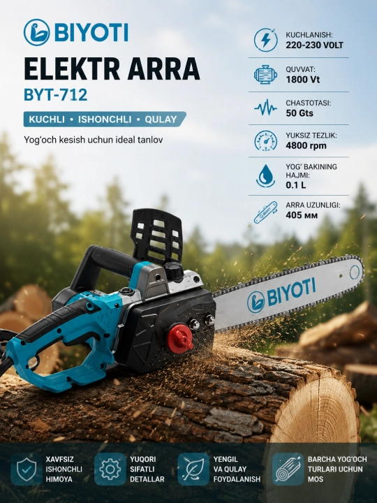 Zanjirli elektr arra, Yog'och kesish uchun arra, Elektropila, Elektrarra,  Biyoti BYT-712 - 