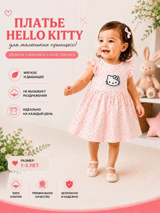Летнее платье для девочек, Hello Kitty, хлопок, на возраст 1–5 лет, летняя одежда