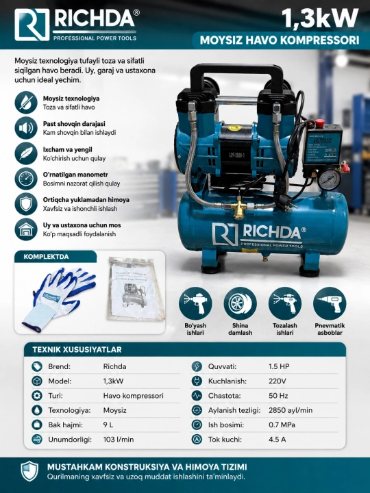 Havo kompressori, moysiz kompressor, Kompressor, Richda Kompressori, 9L 1.5HP - 