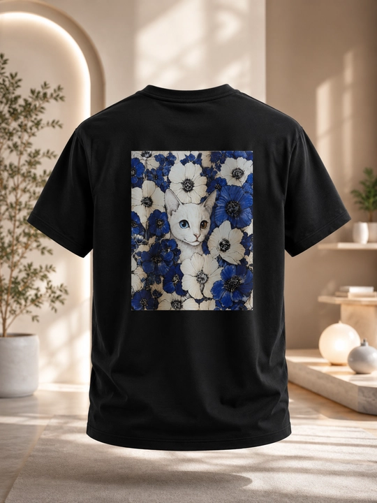Ayollar, uchun qora futbolka, mushuk va gul printli