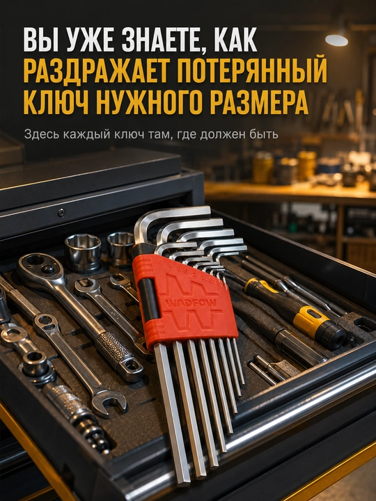 Набор шестигранных ключей WADFOW WHK1291, HEX 9 шт, Cr-V, 1.5-10 мм