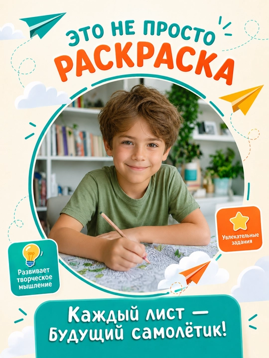 Раскраска бумажные самолётики, 16 страниц, детское творчество 6+