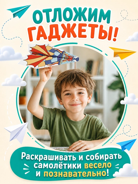 Раскраска бумажные самолётики, 16 страниц, детское творчество 6+