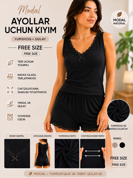 Женский домашний комплект из модала, майка и шорты, Free Size - 