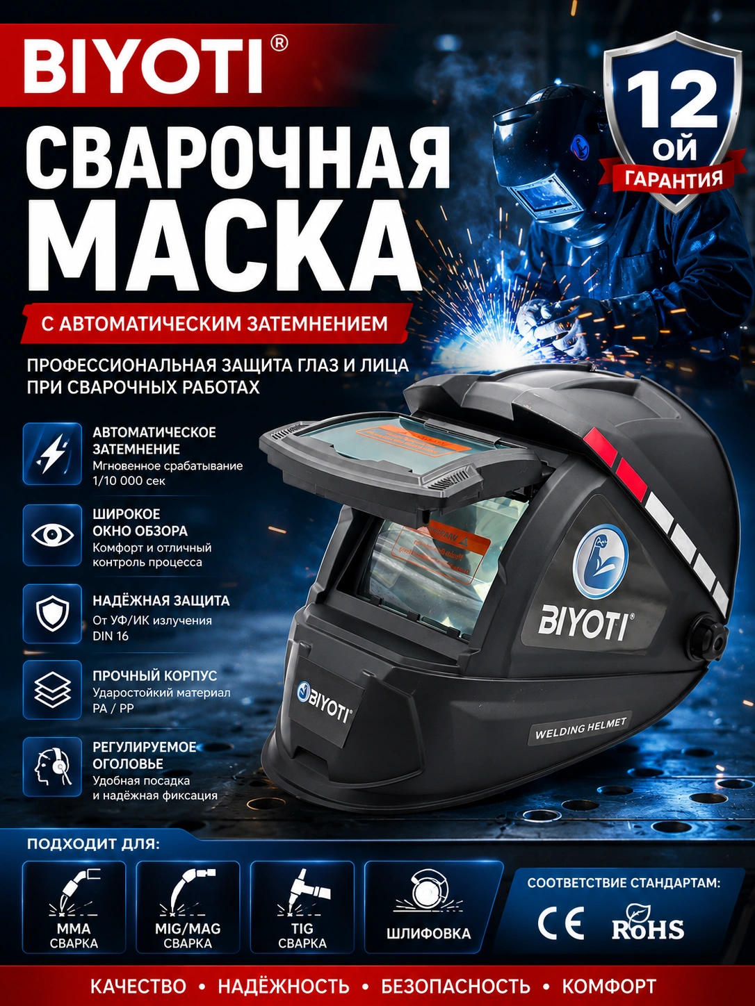 BIYOTI BYT-WH08 avtomatik qorayuvchi payvandlash niqobi - 